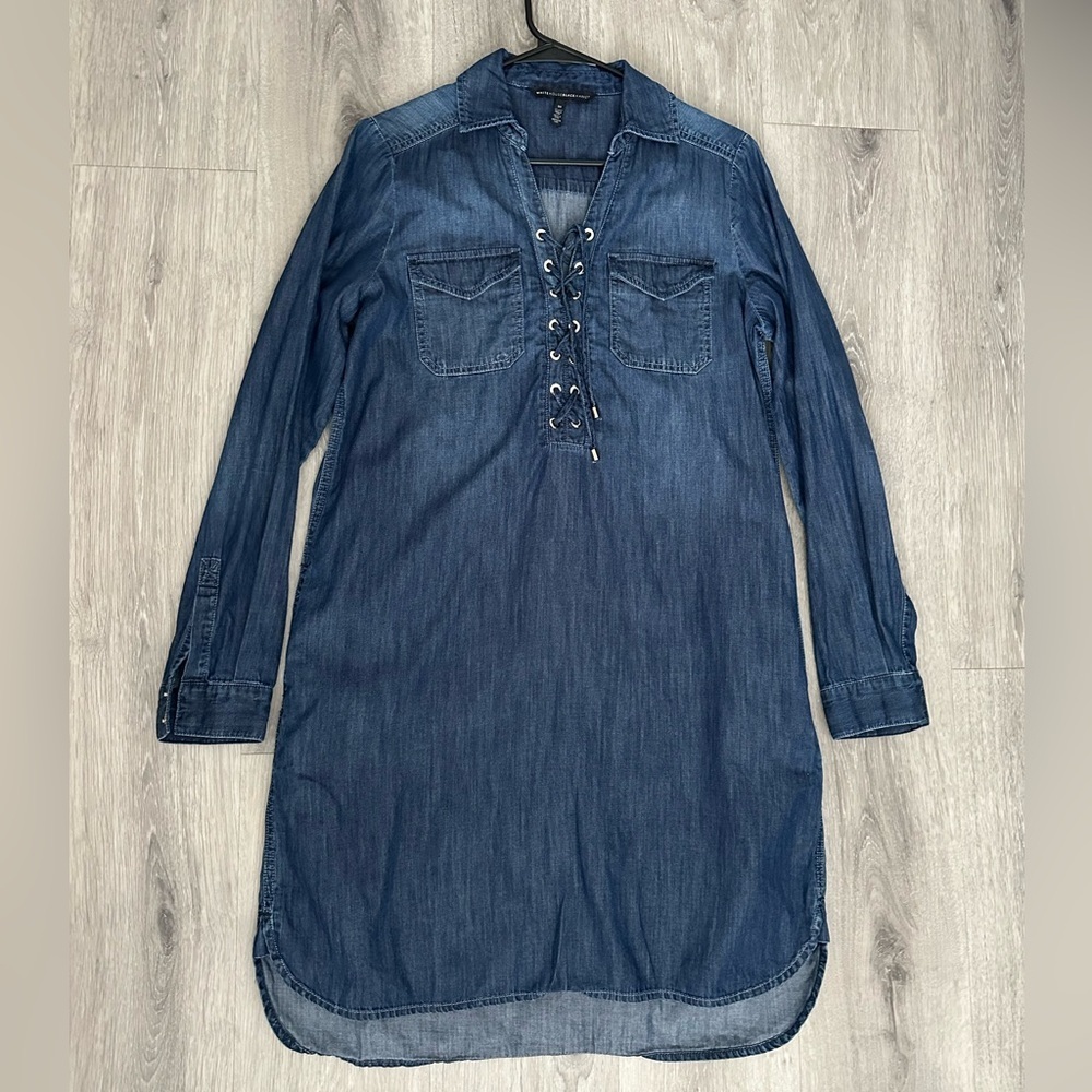 White House Black Market Denim Lace-Up Midi Dress in Dark Blue